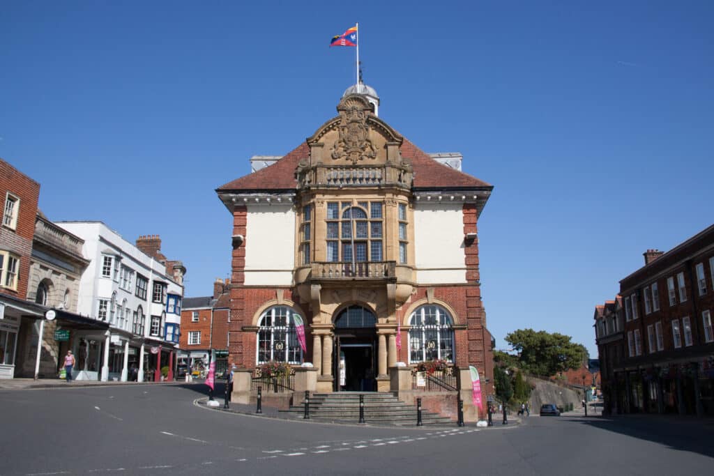The town centre in Marlborough, Wiltshire, UK