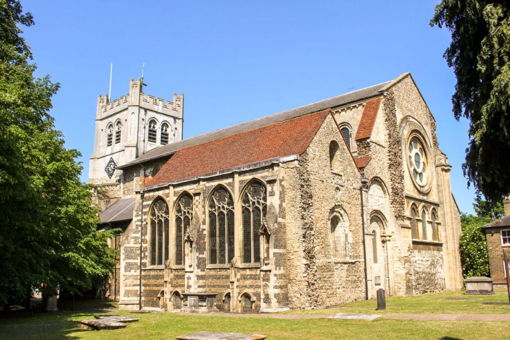 Waltham Abbey Church (The Abbey Church of Waltham Holy Cross and St Lawrence) in a suburban market town in Essex