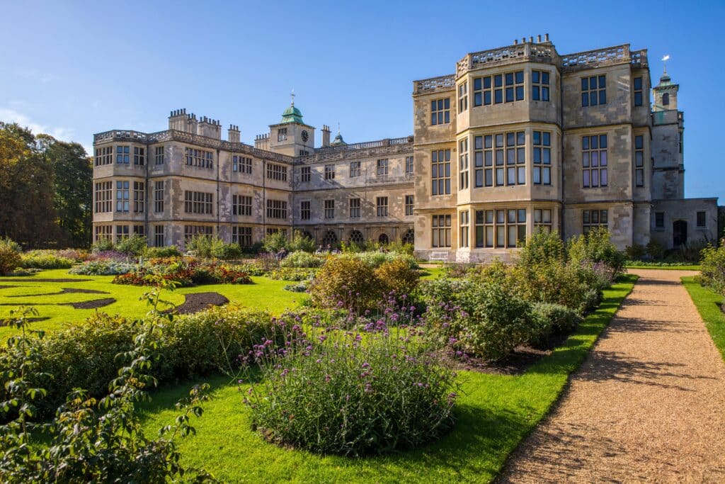 View of Audley End House from its gardens in Saffron Walden, Essex, UK
