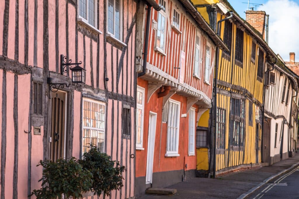Colourful half timbered houses on Water Street part of the Historic Wool Village of Lavenham, Suffolk, England
