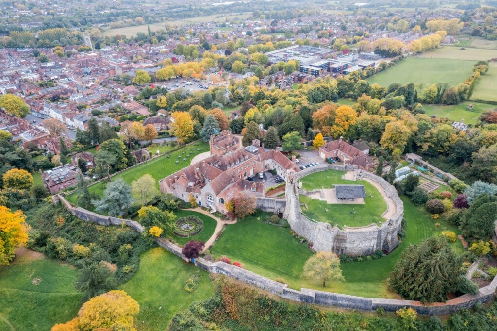 Beautiful aerial view of Farnham Castle, South England, Surrey, United Kingdom
