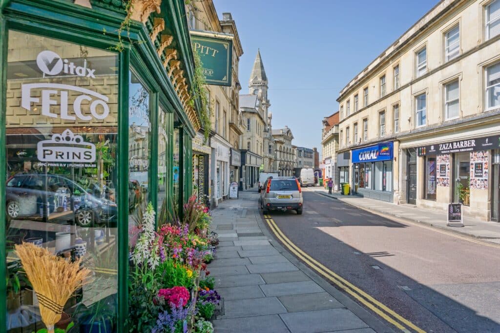 View of Trowbridge town hall and clock tower from Silver Street