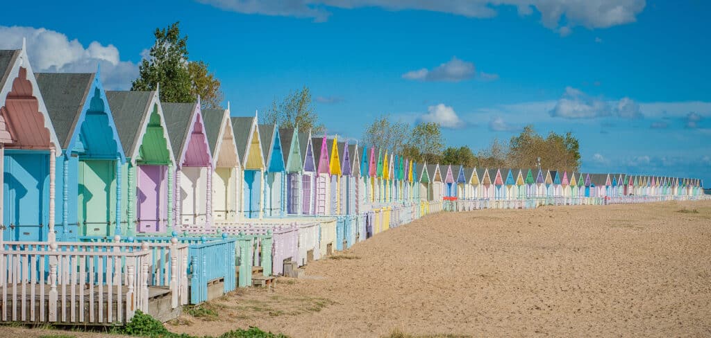 United Kingdom Mersea colorful houses on the coast
