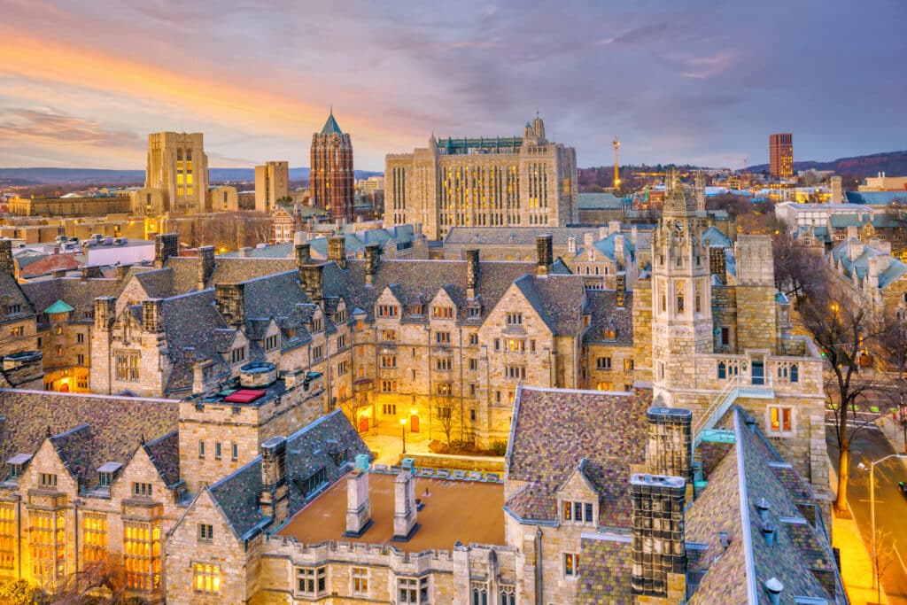 Historical building and Yale university campus in downtown New Haven CT, USA