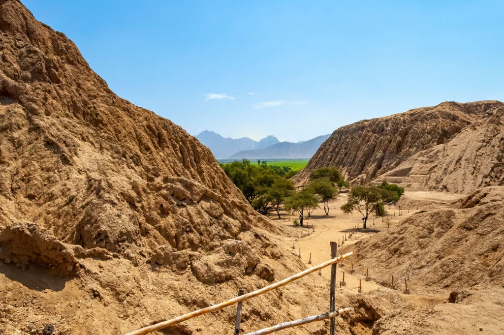 Scenic outdoor view of Huaca Rajada and the Royal Tombs of the Lord of Sipan. An archeological site near Chiclayo, Peru.