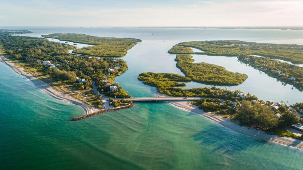 "Captiva, FL / USA: Stunning aerial view during sunrise of Captiva Island and Sanibel Island."
