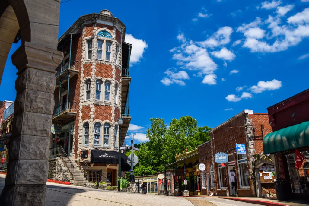 Historic downtown Eureka Springs, AR, with boutique shops and famous buildings