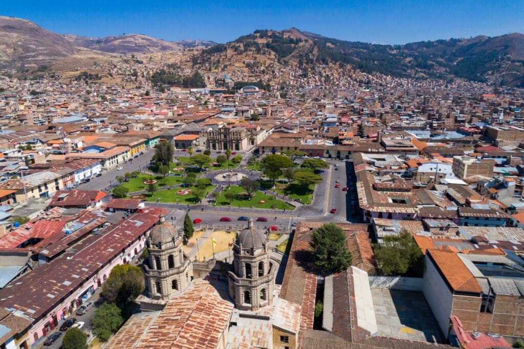 Cajamarca, Peru: Aerial view of the main square park of the city