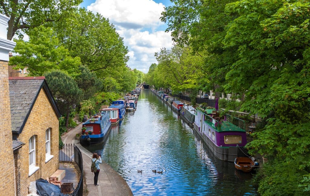 Tourist strolling and taking pictures at Little Venice, Paddington, Regent's Canal - London