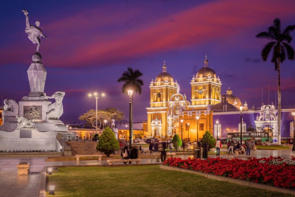 TRUJILLO, PERU: View of Plaza de Armas (Main Square), with the grand Cathedral and its bright yellow facade, Trujillo, Peru