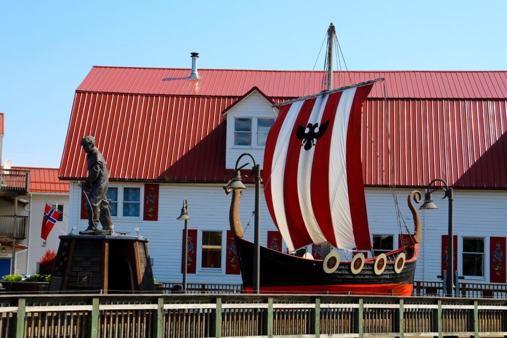 Bojer Wikan Fisherman's Memorial Park and Viking ship replica in Petersburg, Sons of Norway Hall, Alaska