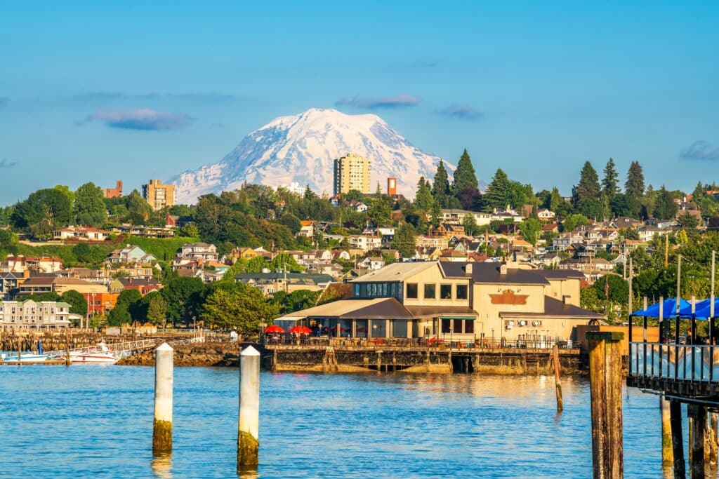 Tacoma, Washington, USA with Mt. Rainier in the distance on Commencement Bay