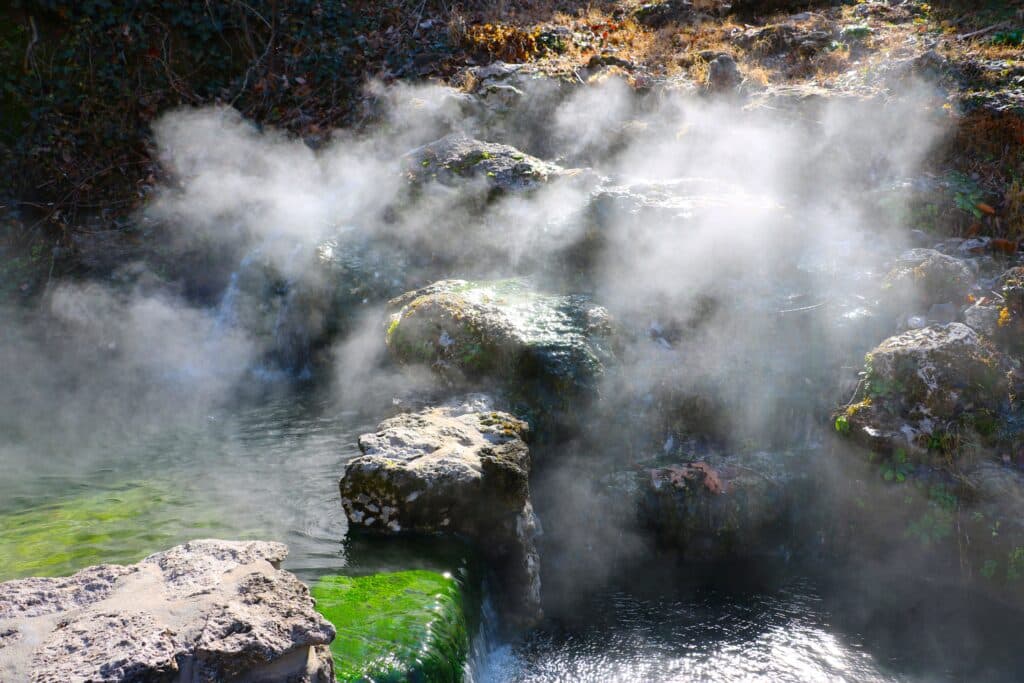 Steaming hot springs on a cold winter morning at Hot Springs National Park.