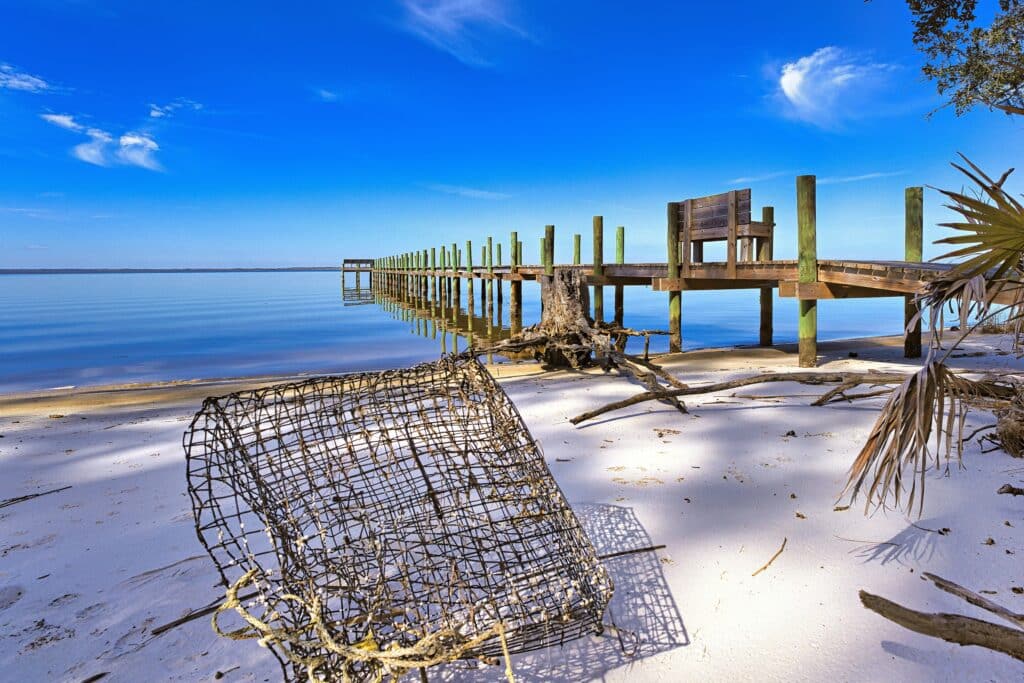Fishing dock on Apalachicola Bay at sunset