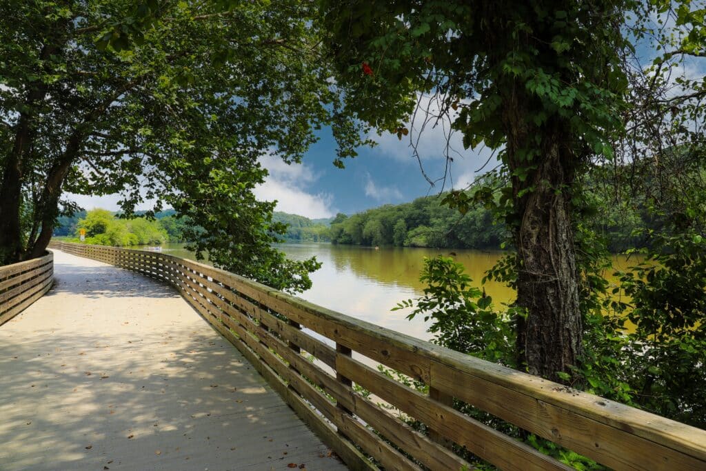 a long winding boardwalk along the Chattahoochee river with a wooden rail along the sides, still river water, green trees with blue sky and clouds at Roswell Riverwalk Boardwalk in Roswell Georgia
