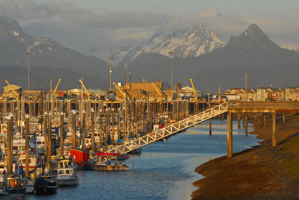 HOMER, ALASKA - JULY 15: The Homer small boat harbor on Kachemak Bay of the Kenai Peninsula of Alaska. Homer is known by many as the Halibut fishing capital of the world.