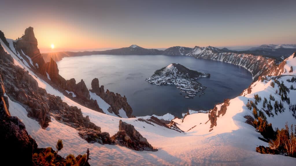 Sunrise at Crater Lake National Park, Oregon. Caused by volcanic eruption of Mount Mazama