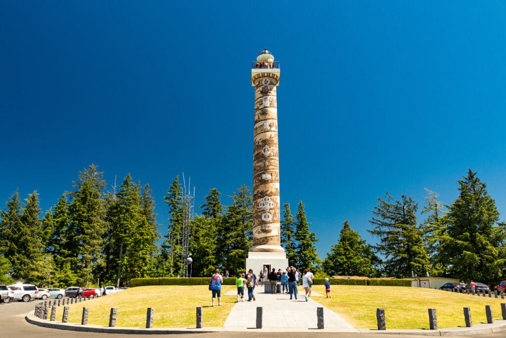 North America, Oregon, Clatsop County, Astoria, Columbia River, Coxcomb Hill. Built in 1926, Astoria Column has interior spiral staircase.
