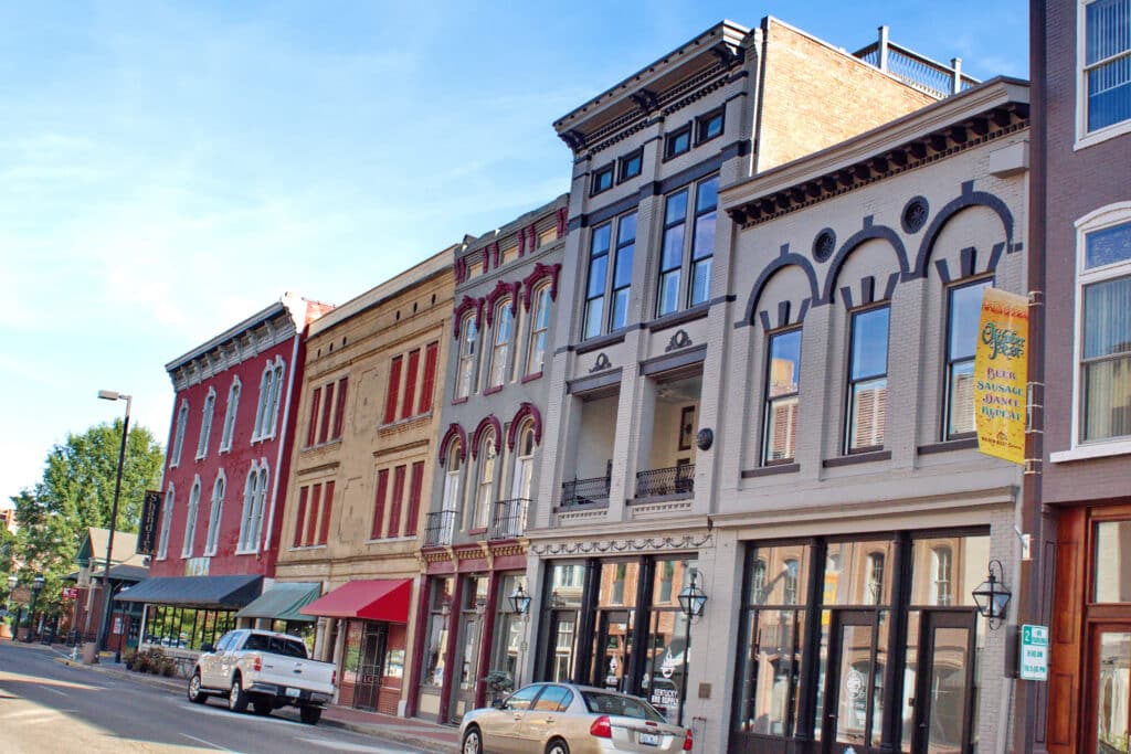 PADUCAH, KENTUCKY, USA: Row of colorful, historic buildings on the main street in the downtown area