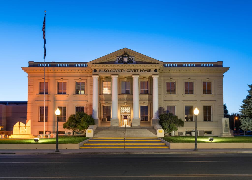 ELKO, NEVADA: Exterior of the Elko County Court House on Idaho Street in Elko, Nevada