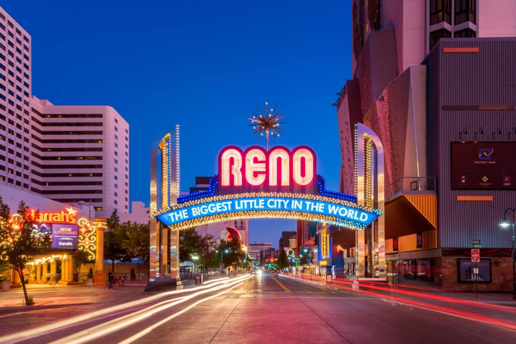 Reno Arch Sign in Reno, Nevada, USA. Reno is the second largest city in Nevada and famous for its casinos and entertainment.