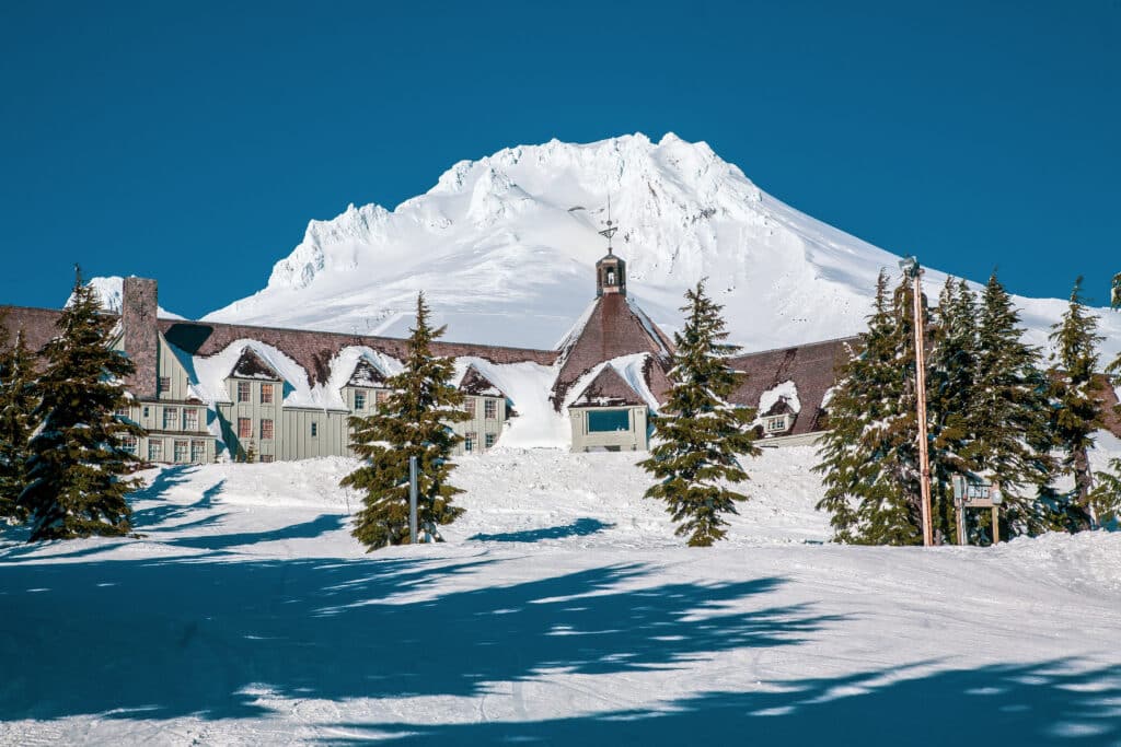 Mt Hood with timberline lodge in the foreground, Oregon, Mt Hood National Forest.