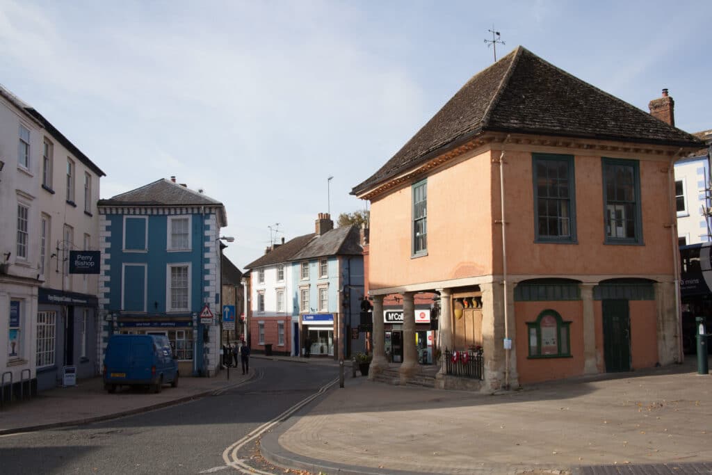 Shops and the Old Town Hall in Faringdon, Oxfordshire in the UK
