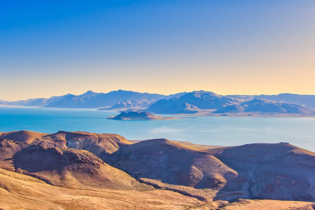High angle view of Anaho Island National Wildlife Refuge in Pyramid Lake located in the Nevada desert near Reno.