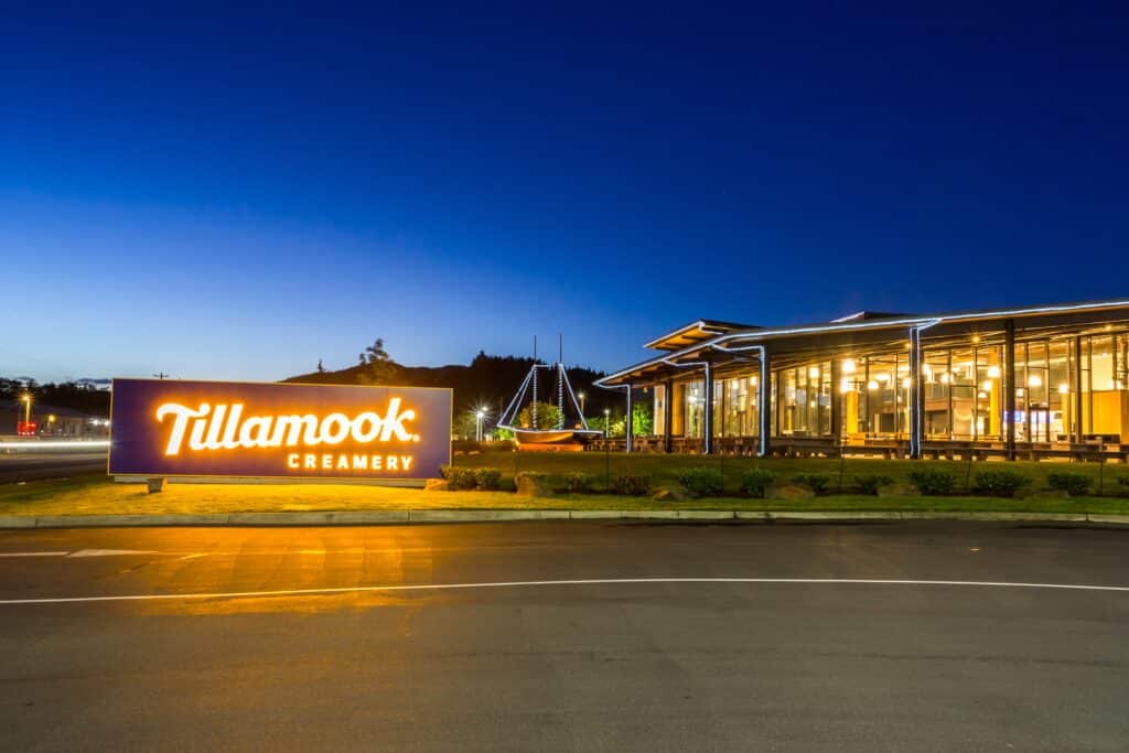 Tillamook, Oregon, USA: Famous Oregon coast Tillamook Creamery illuminated at night
