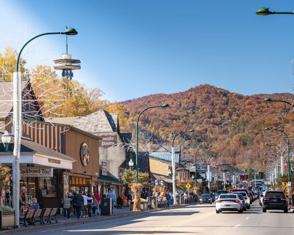Street view of popular tourist city of Gatlinburg Tennessee in the Smoky Mountains with attractions in view