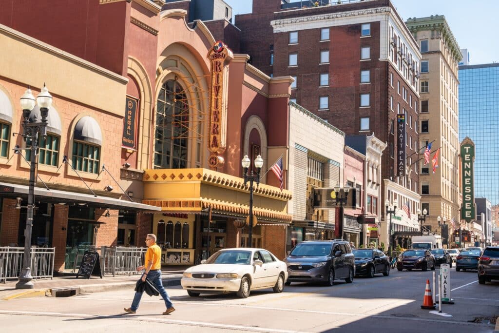 Knoxville, Tennessee: Street scene of historic downtown Knoxville Tennessee on a sunny autumn day in landmark district.