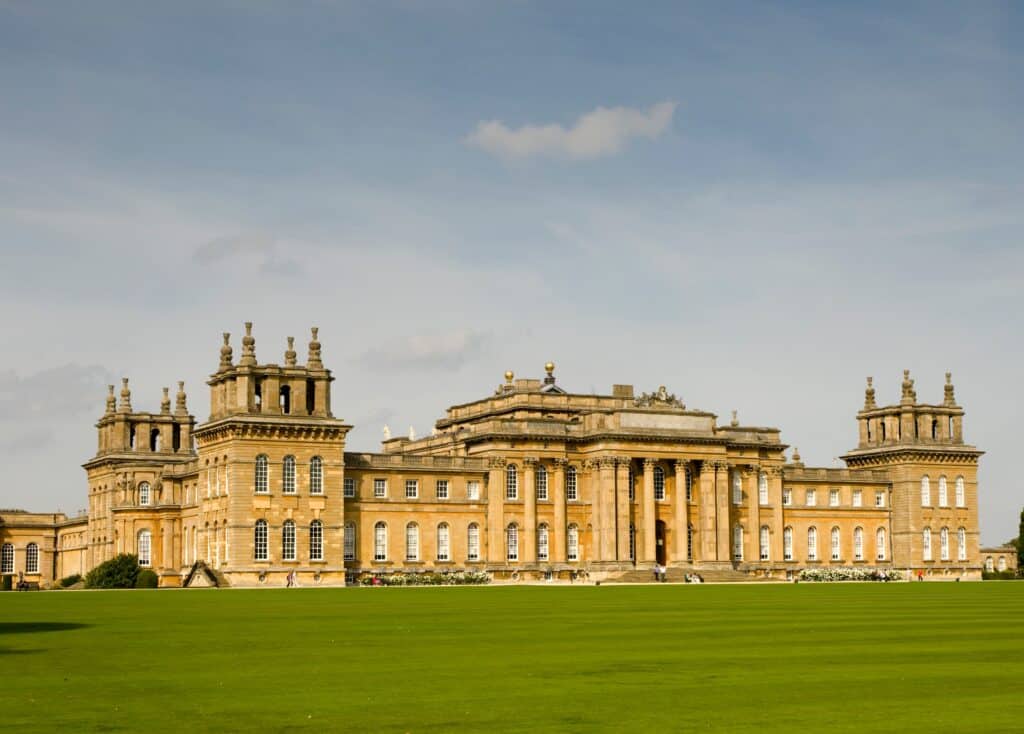 Woodstock, Oxfordshire, UK - The South facade of Blenheim Palace in autumn sunshine.