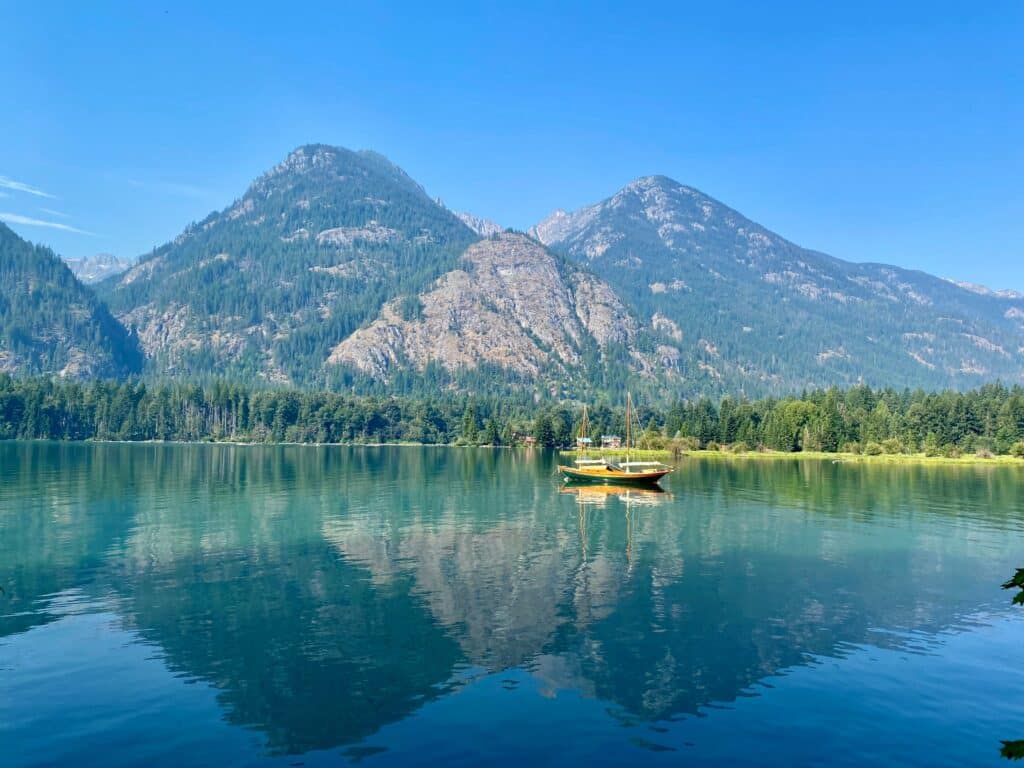 Reflection on Lake Chelan in North Cascades National Park.