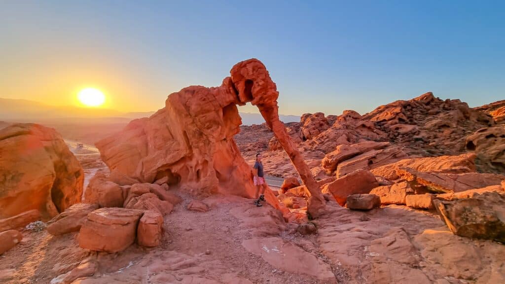 Panoramic sunrise view of the elephant rock surrounded by red and orange Aztec Sandstone Rock formations and desert vegetation in Valley of Fire State Park in Mojave desert near Overton, Nevada, USA.
