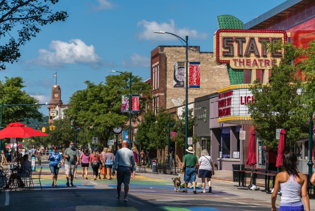 Busy Front Street in downtown with State Street Theater