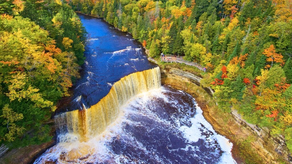 Aerial Autumn Waterfall in Tahquamenon Falls, Michigan