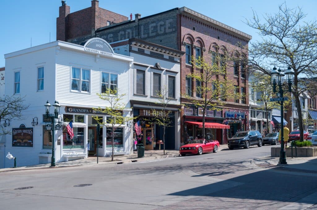 Petoskey, MI: Urban Street with Historic Buildings Grandpa Shorters Gift Shop