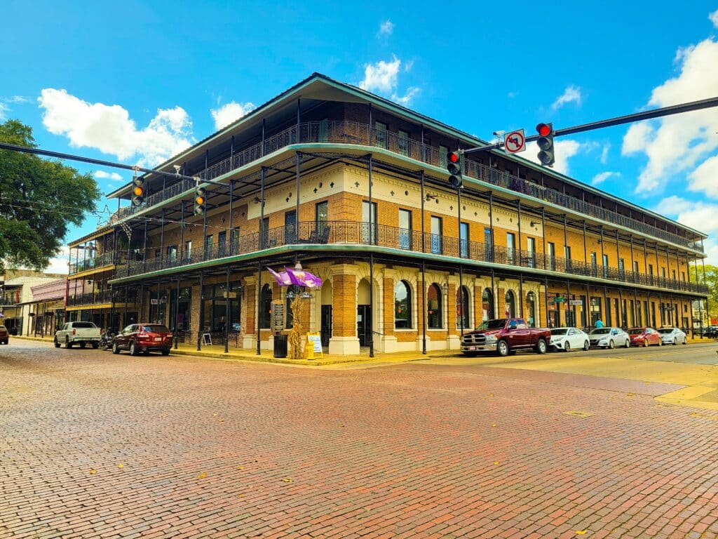Downtown Natchitoches buildings and streets in the autumn. 
