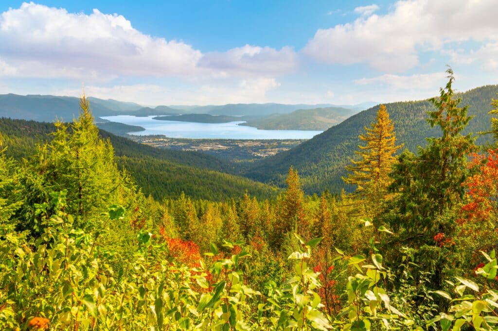 Panoramic wide angle view from Schweitzer Mountain and resort of the towns of Kootenai, Ponderay and Sandpoint, Idaho, along the shores of Lake Pend Oreille, in Sandpoint Idaho, North Idaho Panhandle.