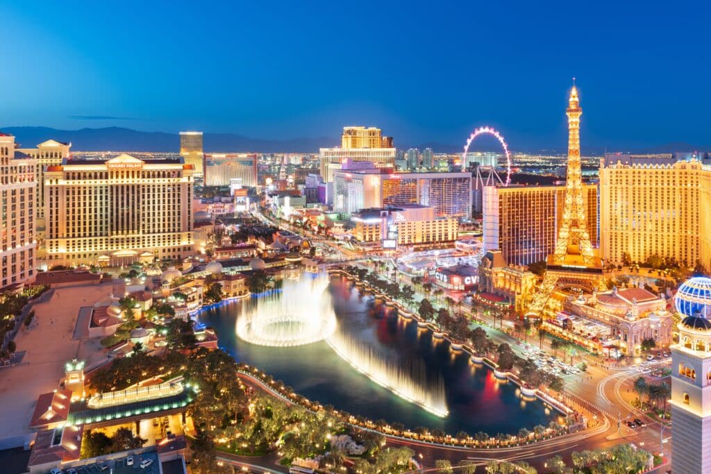 LAS VEGAS, NEVADA, USA: Las Vegas downtown skyline with casinos at twilight.