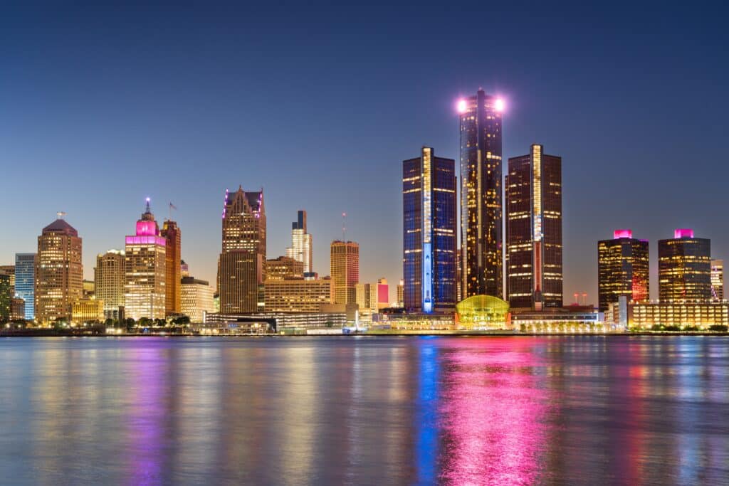 Detroit, Michigan, USA skyline at dawn on the Detroit River.