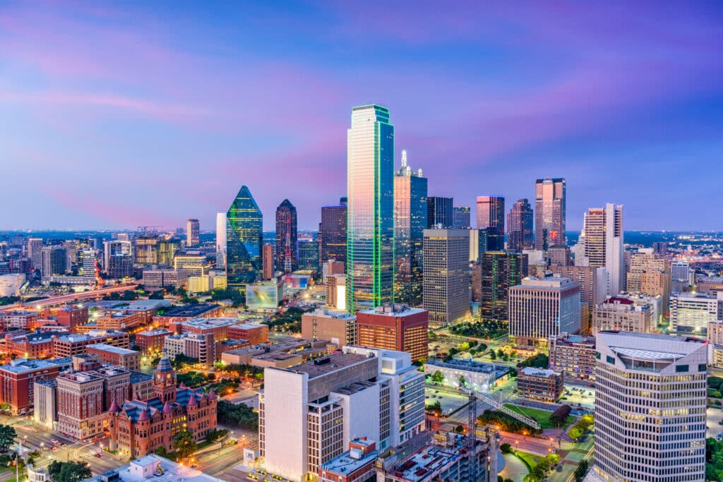 Dallas, Texas, USA downtown skyline at twilight viewed from above.
