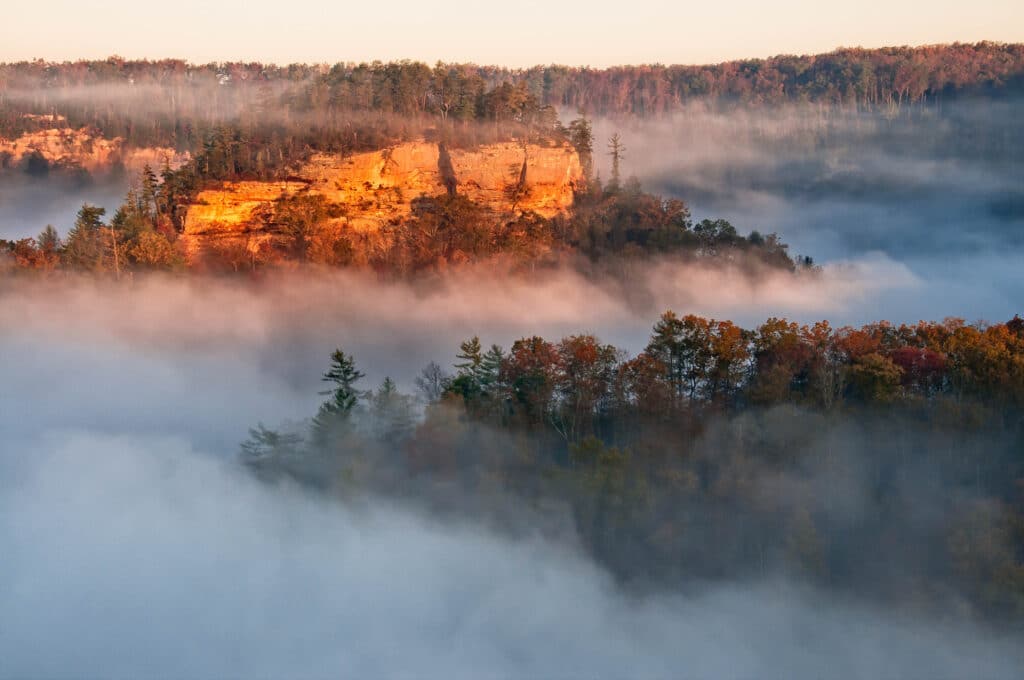A grand view of cliff faces in the fog in the Red River Gorge in Kentucky