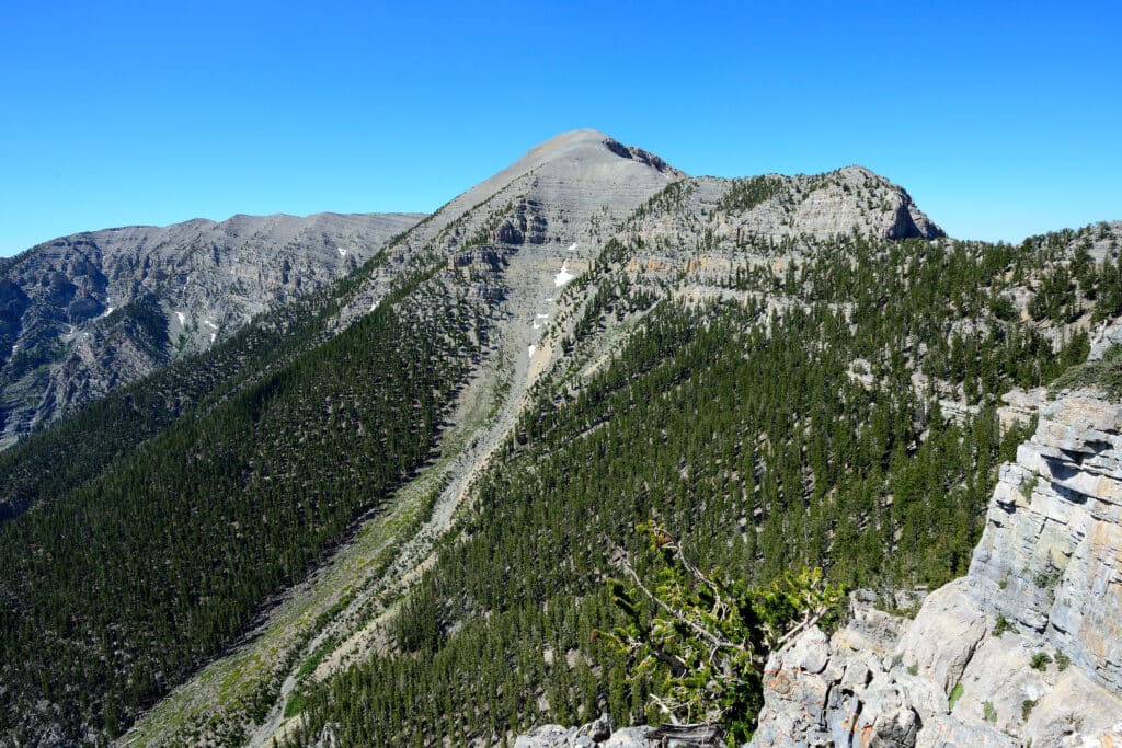 View of the summit of Mount Charleston from North Loop Trail in Spring Mountains National Recreation Area near Las Vegas, Nevada