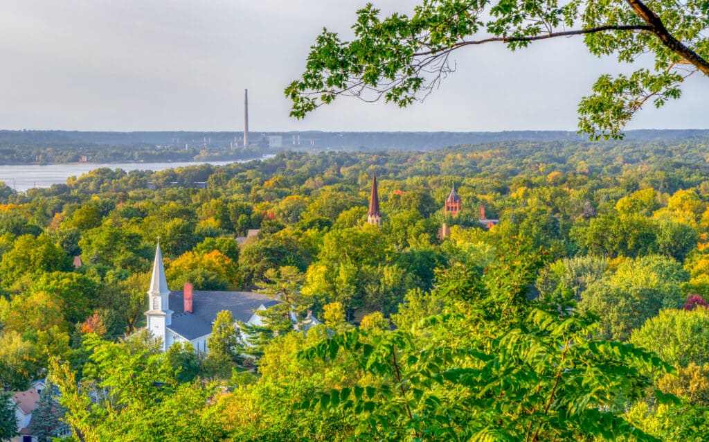 Overhead view of Hudson, Wiscosnin in the United States.