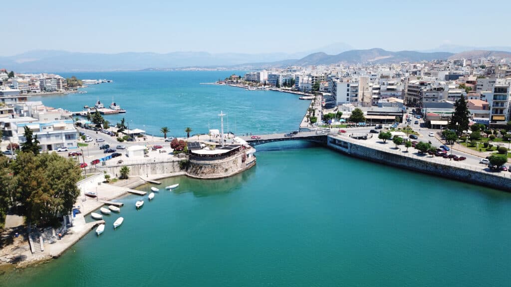 Aerial drone photo of old bridge in famous city of Chalkida that links the island of Evia to mainland Greece