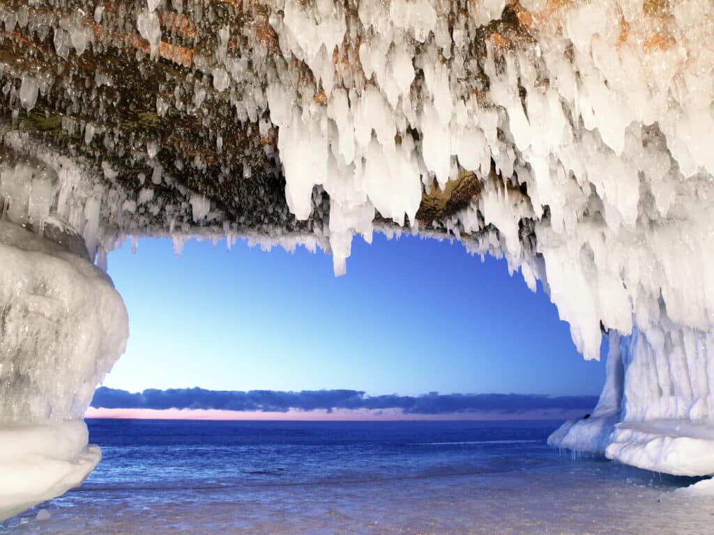 Apostle Island Ice Cave at dusk on the shore of Lake Superior  