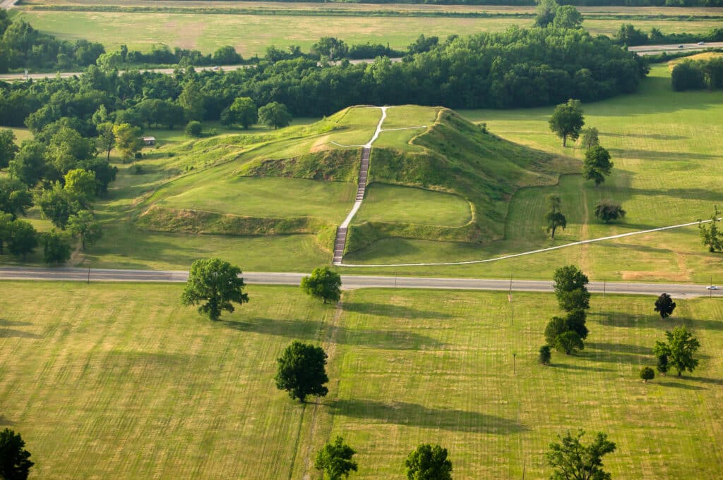 Aerial view of ancient Native American burial mound Cahokia Mounds, Illinois, USA