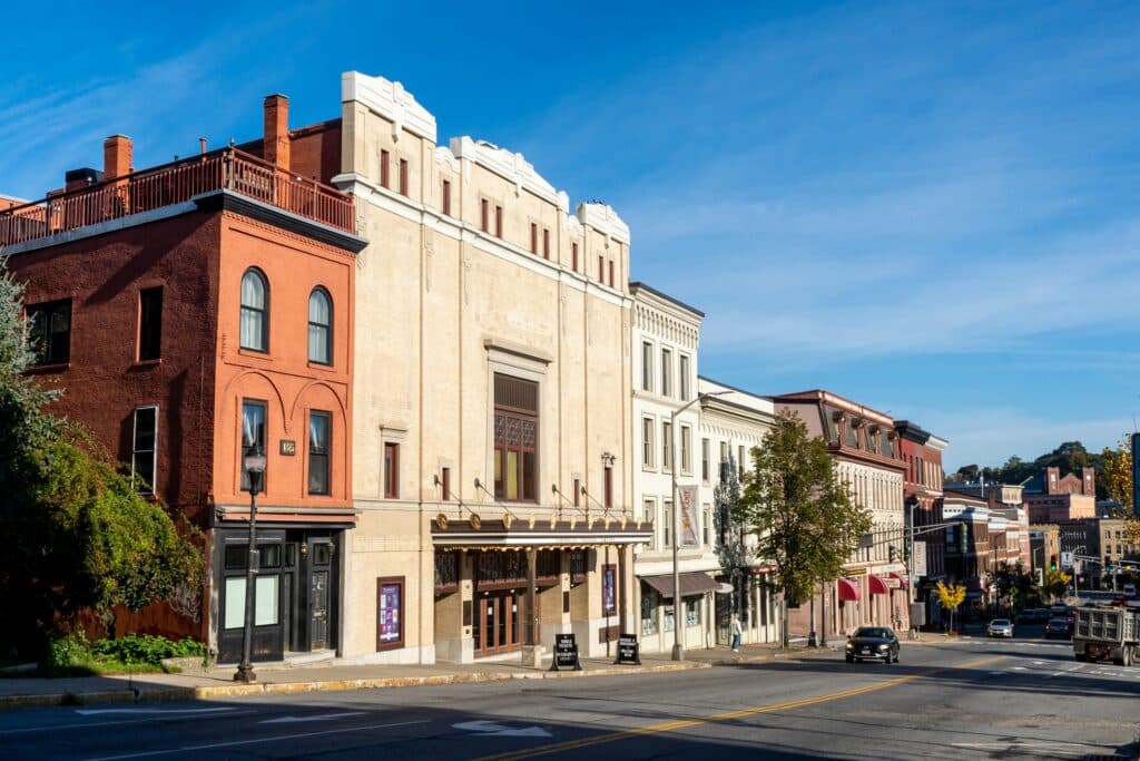 Bangor, ME - USA : Three quarter view of the Penobscot Theatre Company on Main Street. Built in 1920 and is an early example of Art Deco and Egyptian Revival architecture.