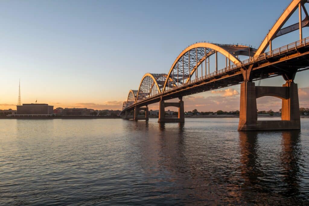 A Wide Angle Shot of Beautiful Sunrise Light on the Centennial Bridge Spanning the Mighty Mississippi River Connecting Davenport, Iowa to Rock Island, Illinois